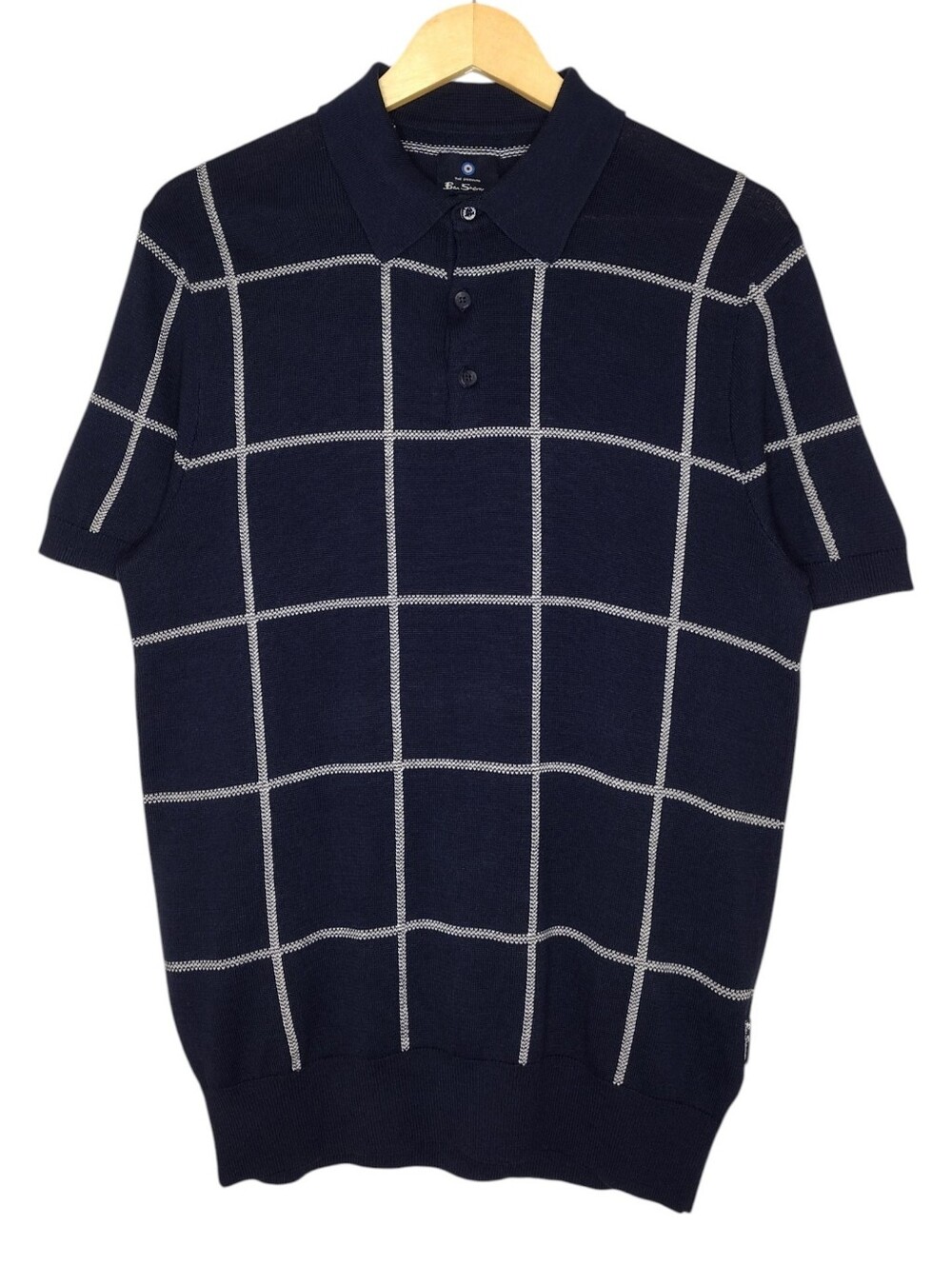 NWT Ben Sherman Navy White Windowpane Polo Short Sleeve Sweater Sz M